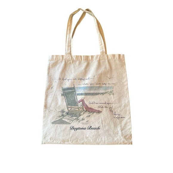 Daytona Beach Canvas Tote Bag With Beach Chair & Quote Design Beige - Picture 1 of 3